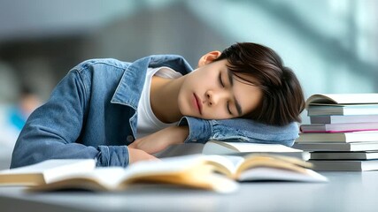 A student asleep on desk surrounded by open books — blured background, with copy space. - Powered by Adobe