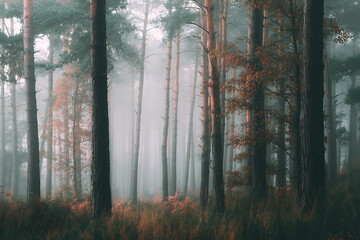 Enchanting forest scene with tall trees and ethereal mist for nature lovers and landscape photography collections, evoke a sense of mystery