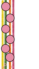 Creative hand-drawn background featuring vertical colorful stripes in yellow, green, orange, and pink with large pink circles on a tranparant background 