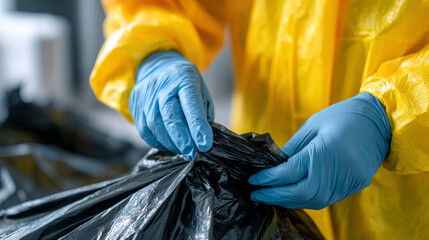 A person carefully separates hazardous materials into a black trash bag for proper disposal and recycling