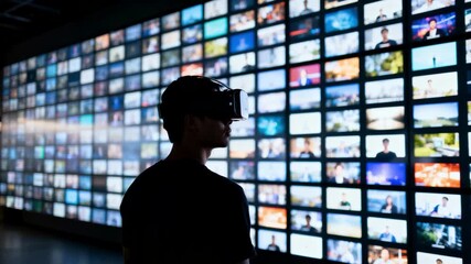 Young adult wearing vr headset explores immersive media wall in dark room, digital entertainment and technology concept for virtual reality experience and futuristic user interface - Powered by Adobe