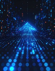 Futuristic digital arrow pathway glowing blue data stream leading to innovation.