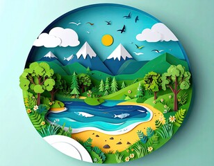 Vibrant layered paper art diorama of a serene natural landscape ecosystem.