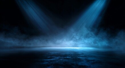 Abstract Empty Stage with Blue Spotlights and Smoke.