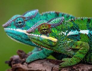 Naklejka premium Two vibrant green chameleons with intricate patterns resting on a branch.