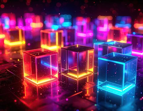 Abstract glowing neon cubes in a futuristic digital art display.