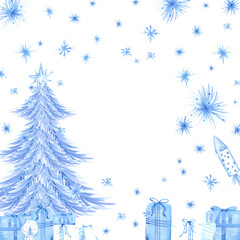 Hand drawn watercolor blue monochrome Christmas trees and presents frame border. Illustration isolated on white background. Can be used for postcard, invitation and other printed products.