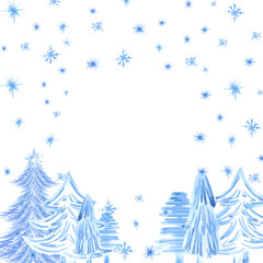 Hand drawn watercolor blue monochrome Christmas trees and presents frame border. Illustration isolated on white background. Can be used for postcard, invitation and other printed products.