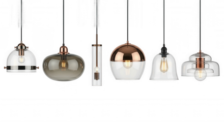 Assorted glass copper pendant lights isolated on a transparent background