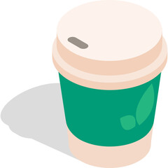 Isometric teal and beige disposable coffee cup with a gray lid casting a long black shadow on a transparent background perfect for beverage and cafe themes
