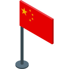 Isometric Three Dimensional Chinese Flag Waving On A Flagpole With A White Background And Red Fabric With Yellow Stars Representing The People's Republic Of China