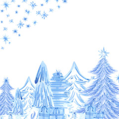 Hand drawn watercolor blue monochrome Christmas trees and presents frame border. Illustration isolated on white background. Can be used for postcard, invitation and other printed products.