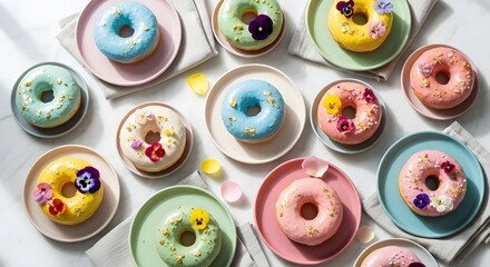 Colorful Gourmet Donuts on Marble Table