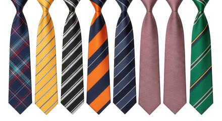 Assorted neckties with patterns and stripes isolated on a transparent background