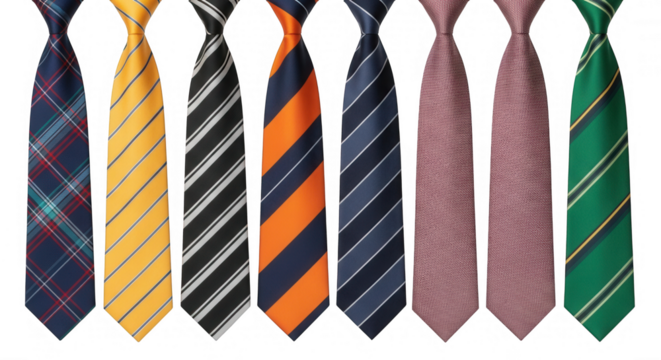 Assorted neckties with patterns and stripes isolated on a transparent background