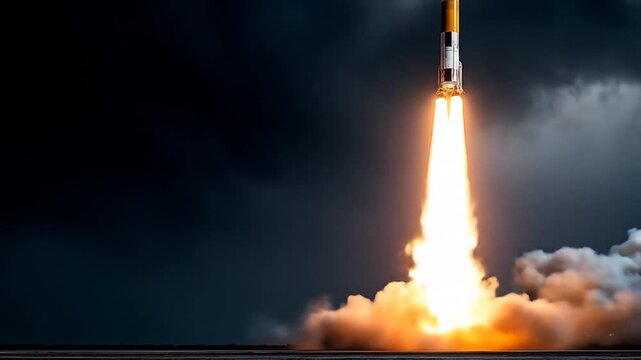 Rocket launching into dark sky above earth horizon space exploration