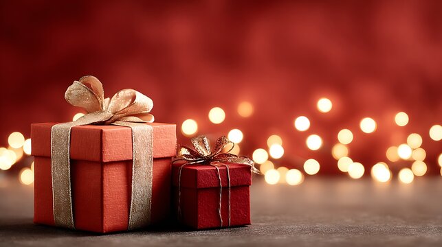 Cozy Christmas scene with wrapped gift boxes and glowing fairy lights on smooth red background, expressing warmth, joy, and elegant holiday celebration mood.
