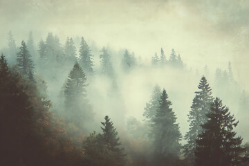 Mystical pine forest shrouded in ethereal fog, creating a moody and atmospheric scene perfect for fantasy, nature, and serene backgrounds
