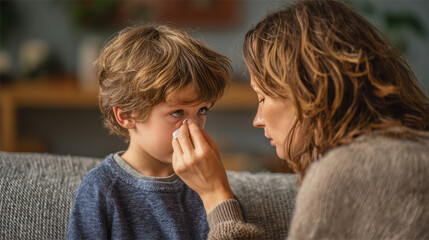 A young boy wipes away tears while speaking with his mother, seeking reassurance and comfort in a calm home setting