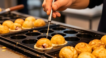 Takoyaki Cooking on Iron Pan at Osaka Food Stall