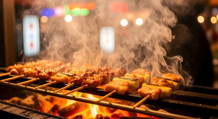 Yakitori Skewers Grilled Over Charcoal in Tokyo Night Market