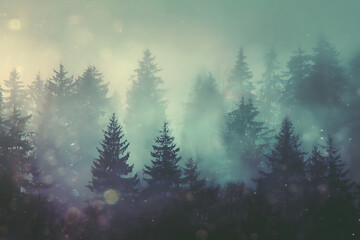 Enchanting forest landscape with ethereal mist among the trees, creating a magical and dreamy atmosphere perfect for fantasy or nature-themed projects