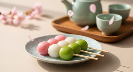 Hanami Dango Dessert on Sakura-Themed Plate