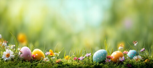 Easter Eggs in Spring Meadow, Decorated Eggs, Floral Background.