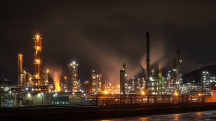 Dazzling lights from a bustling refinery shine brightly against a dark night sky.