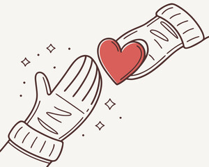 Obraz premium A heart being passed between two hands wearing winter gloves