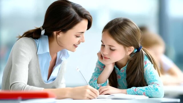 A teacher helping a student understand a math problem, kindness and patience in her expression, blured background, with copy space.