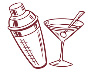 Illustration of a cocktail shaker and a martini glass