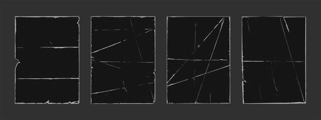 Old retro style paper fold texture black grunge punk overlay vector illustration set. Vintage dark cover dirty scratched folded paper sheet collection grain noise rough effect distress corner template