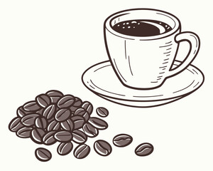 Illustration of a cup of coffee with beans