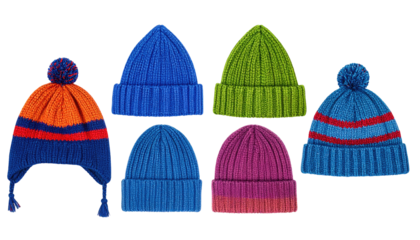 Six colorful knitted hats in various styles on a black backdrop