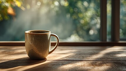 Obraz premium Minimal morning coffee moment with mug on wooden table by window, sunlight shining into bright smooth space, peaceful warm atmosphere and relaxing cozy lifestyle concept