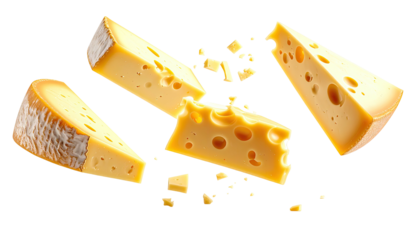 Slices of cheese, some diced, on a black backdrop