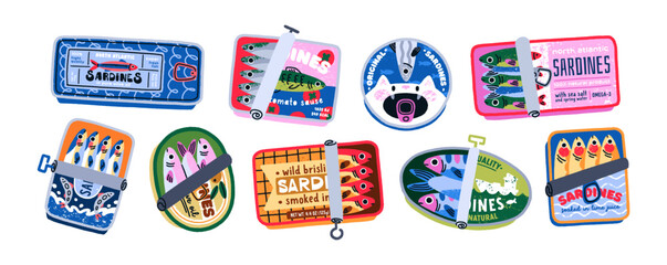 Sardines in cans. Sea fish in tin packagings, retro label designs. Seafood, preserved food. Doodle-style Mediterranean snack in open containers. Flat vector illustration isolated on white background