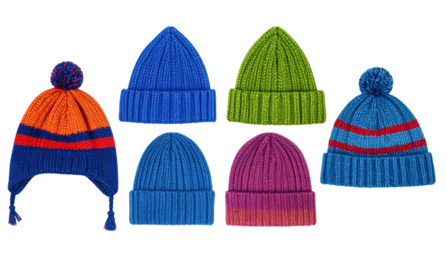 Six colorful knitted hats in various styles on a black backdrop