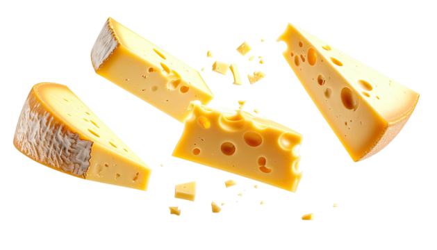 Slices of cheese, some diced, on a black backdrop