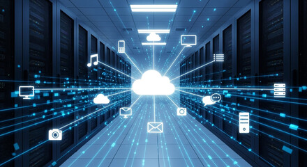 Cloud computing technology concept showing data center server room with cloud and device icons
