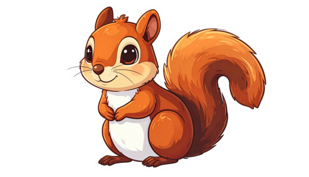 Cartoon squirrel reddish-brown fur, big eyes, fluffy tail, paws up