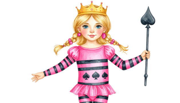 Fair-skinned girl in spades queen costume, gold crown, braided hair
