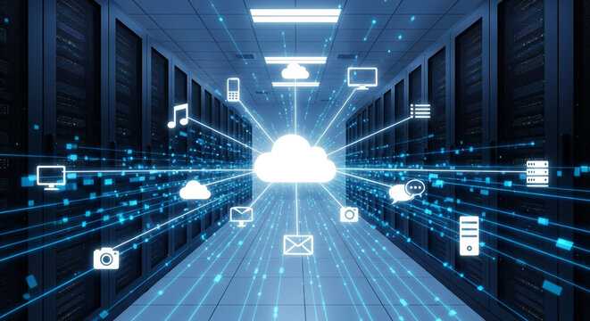 Cloud computing technology concept showing data center server room with cloud and device icons - Powered by Adobe