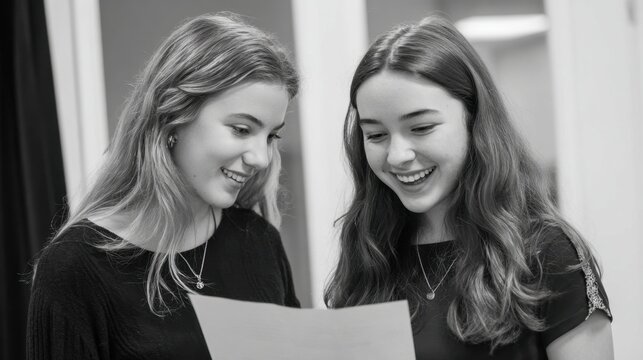 Two young girls smile and enjoy reading a script showing their excitement for the upcoming performance.