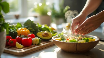 Delicious homemade salad with fresh vegetables being prepared in bright kitchen, showcasing healthy eating and vibrant ingredients for wellness lifestyle ads
