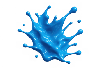 Blue liquid splashing, glossy paint drops bursting, fluid movement on transparent background, dynamics and vibrancy