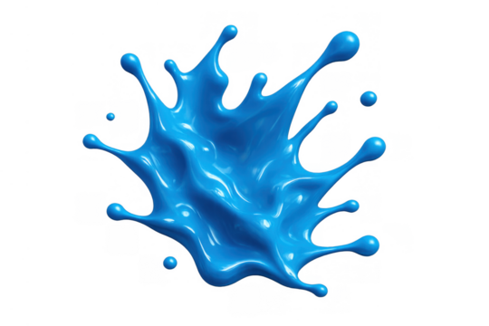 Blue liquid splashing, glossy paint drops bursting, fluid movement on transparent background, dynamics and vibrancy