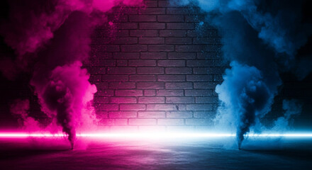 Dramatic brick wall backdrop illuminated with vibrant pink and blue neon lights and billowing smoke