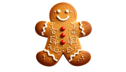 Gingerbread man with white and red decoration on a black background